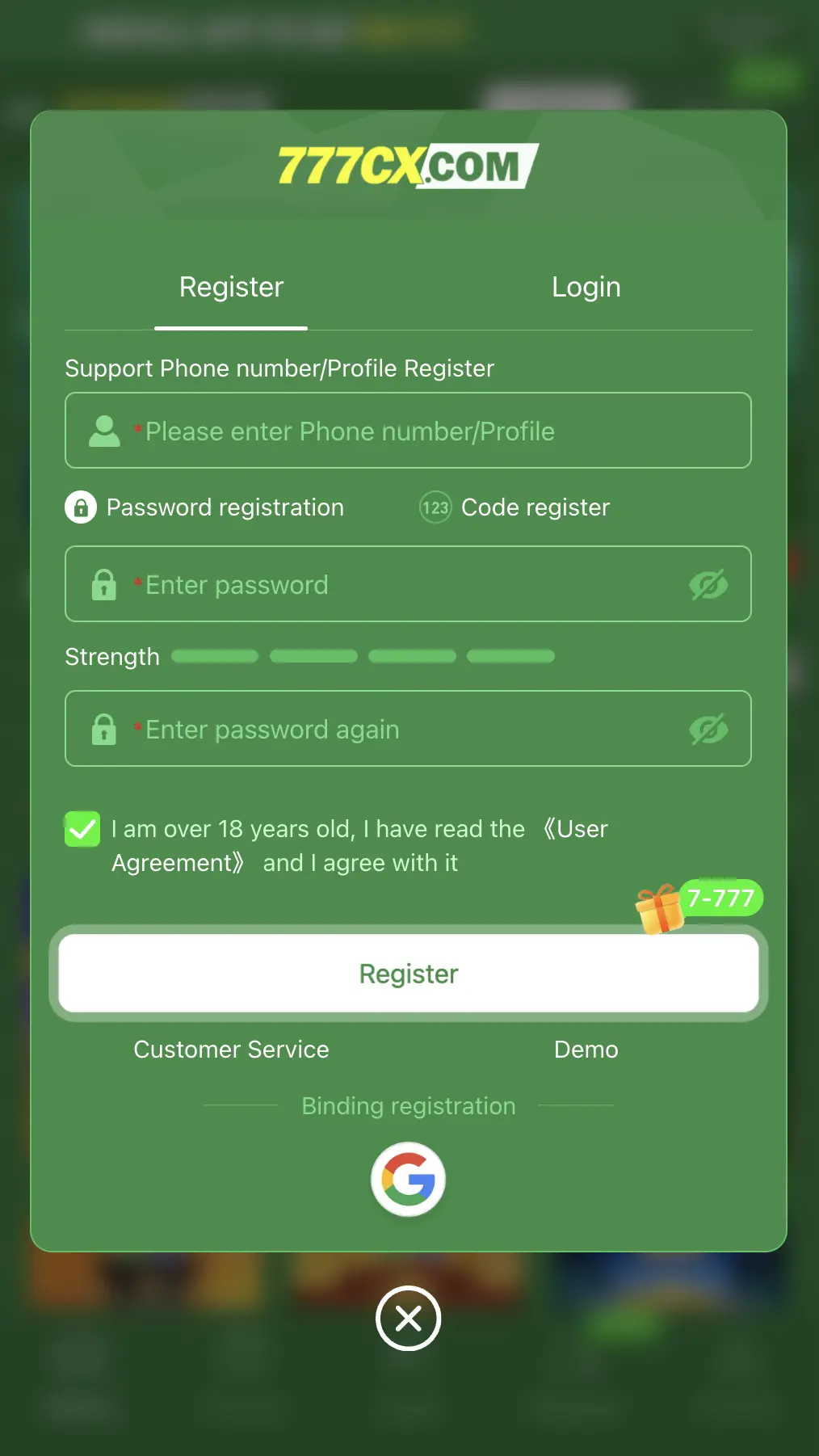 777cx game register